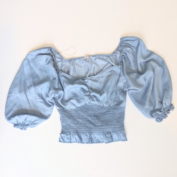 Story On Women's Blue Ruched Puff Sleeve Cropped Blouse - Picture 1 of 8